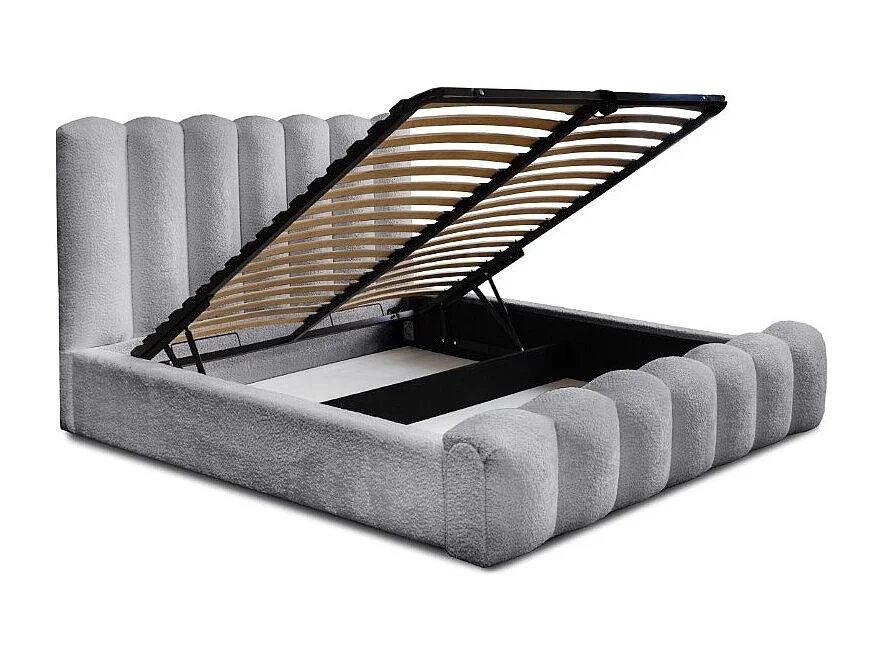 Cama baú BADJA – Tecido bouclé Pérola da Alvorada – 140x200 cm – Estrado elevatório – Design de alta qualidade