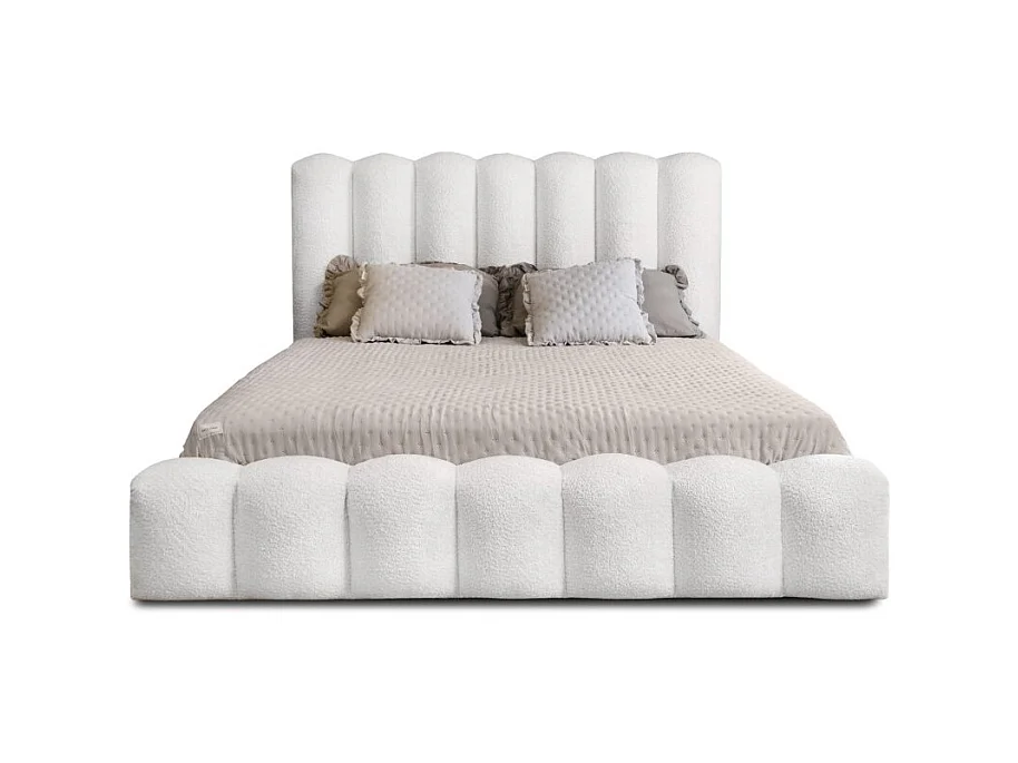 Lit coffre BADJA – Tissu bouclé Perle de lin – 180x200 cm – Sommier relevable – Design haut de gamme