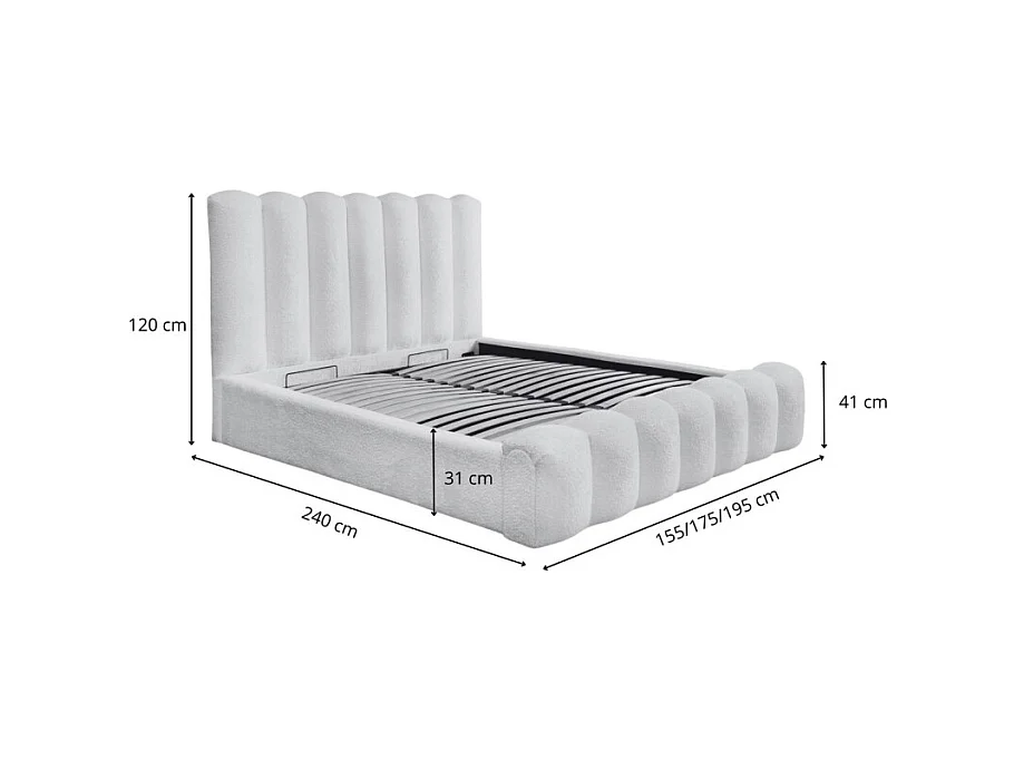 Lit coffre BADJA – Tissu bouclé Perle de lin – 180x200 cm – Sommier relevable – Design haut de gamme
