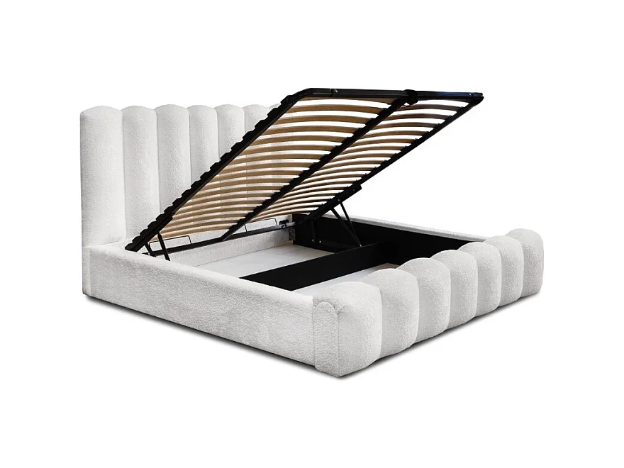 Lit coffre BADJA – Tissu bouclé Perle de lin – 180x200 cm – Sommier relevable – Design haut de gamme