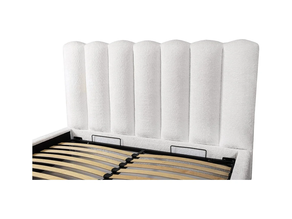 Lit coffre BADJA – Tissu bouclé Perle de lin – 180x200 cm – Sommier relevable – Design haut de gamme