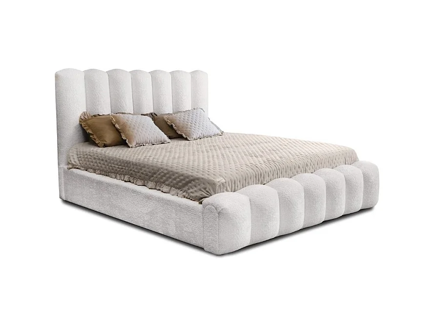 Lit coffre BADJA – Tissu bouclé Perle de lin – 180x200 cm – Sommier relevable – Design haut de gamme