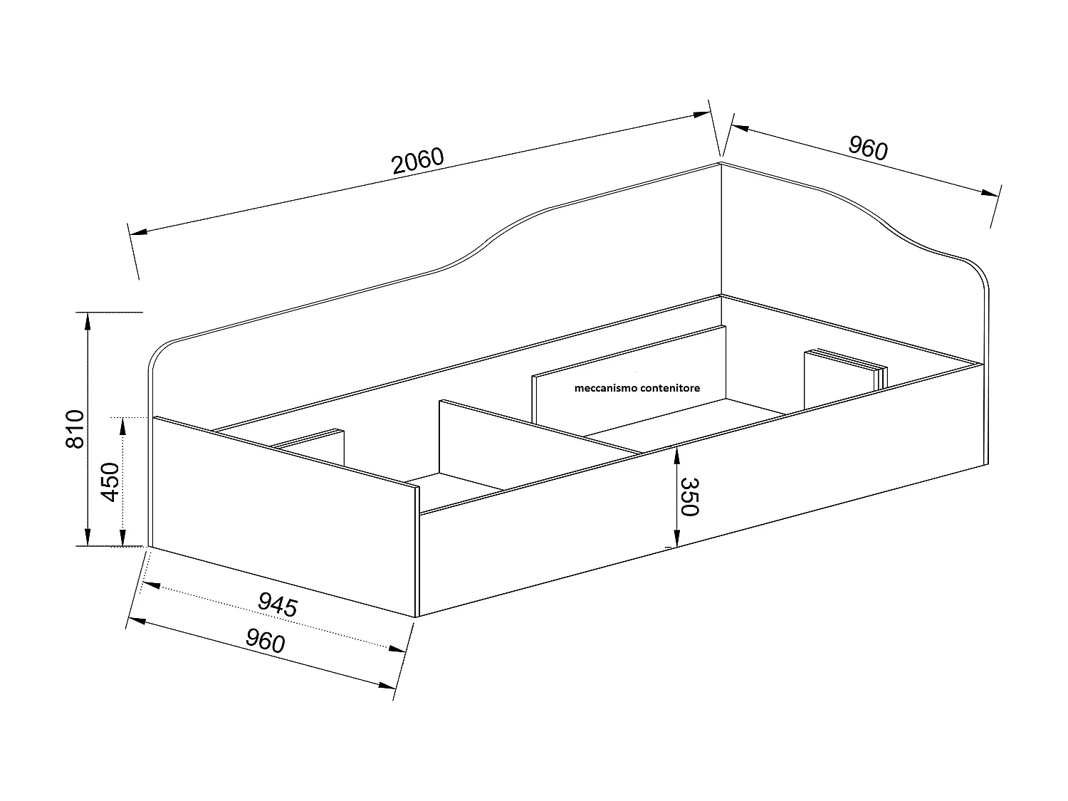 Letto singolo contenitore design ondulato ad angolo 90x200 bianco legno LI37