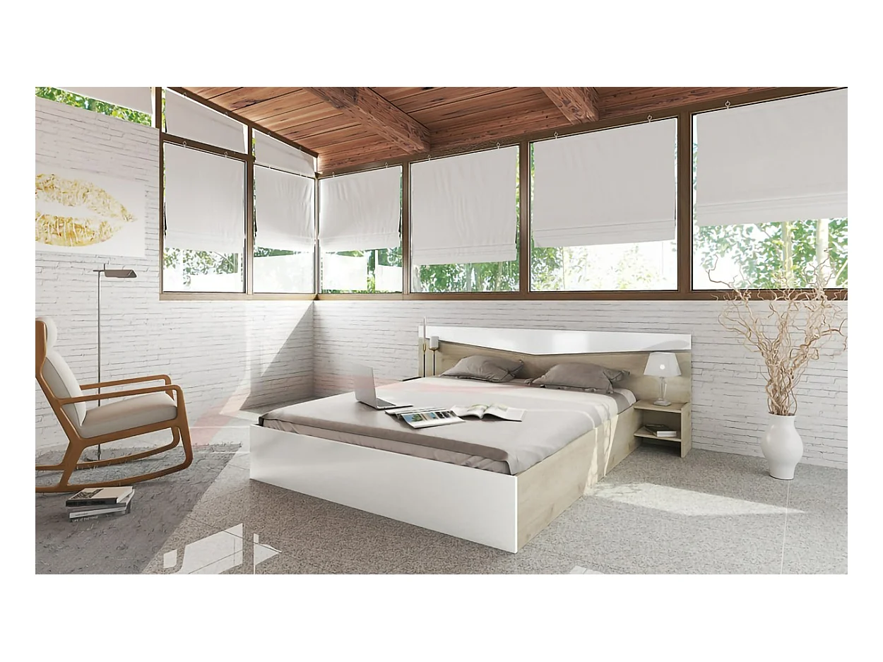 Letto matrimoniale contenitore con comodini a due ripiani 200x160 rovere e bianco lucido LI2007