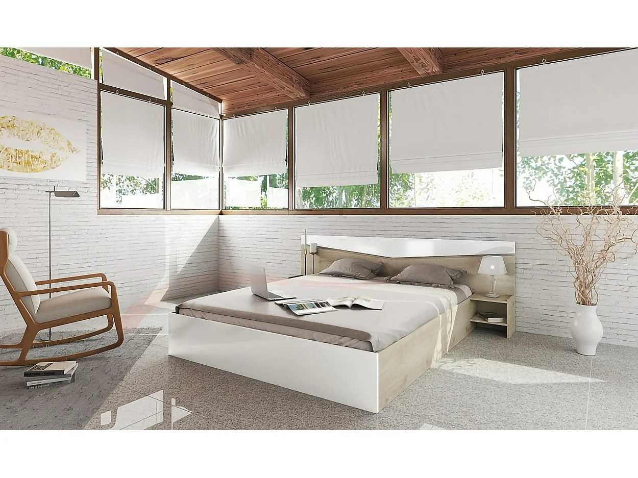 Letto matrimoniale contenitore con comodini a due ripiani 200x160 rovere e bianco lucido LI2007