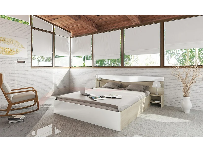 Letto matrimoniale contenitore con comodini a due ripiani 200x160 rovere e bianco lucido LI2007