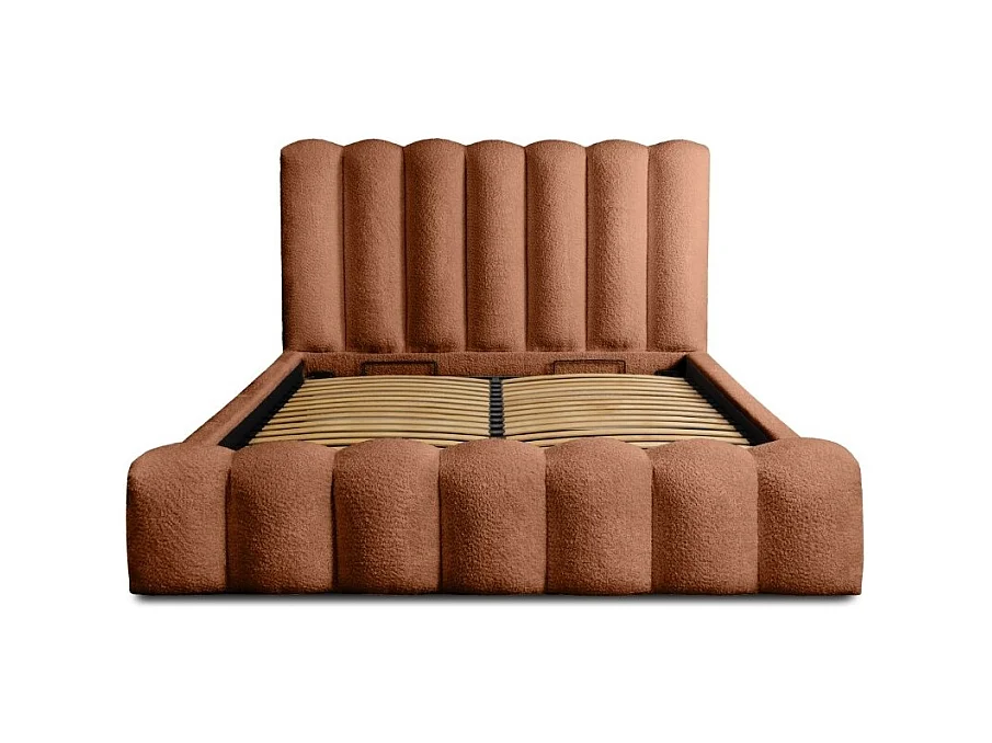 Cama con almacenaje BADJA – Tela bouclé Terracota – 180x200 cm – Somier elevable – Diseño de alta gama