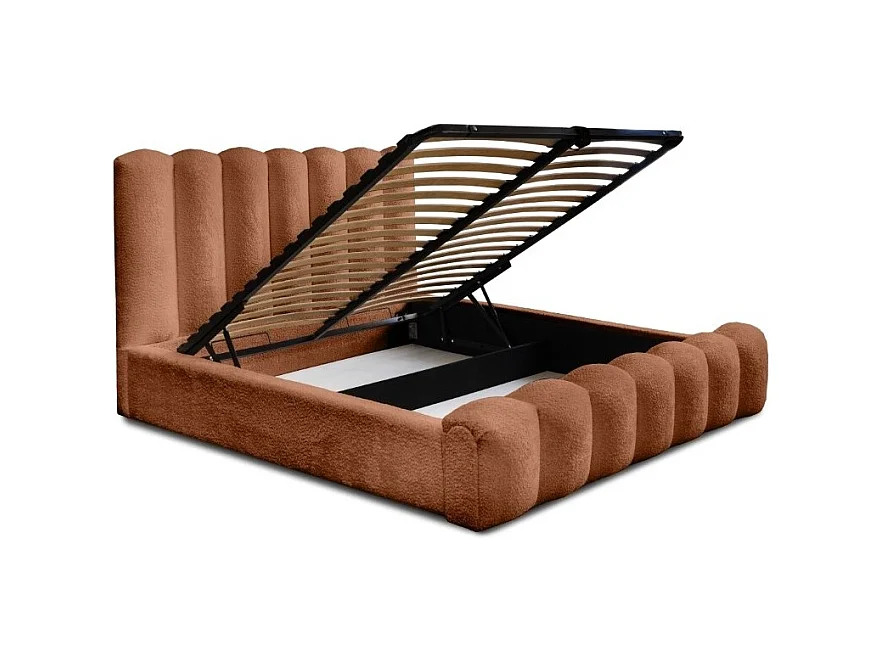 Cama con almacenaje BADJA – Tela bouclé Terracota – 180x200 cm – Somier elevable – Diseño de alta gama