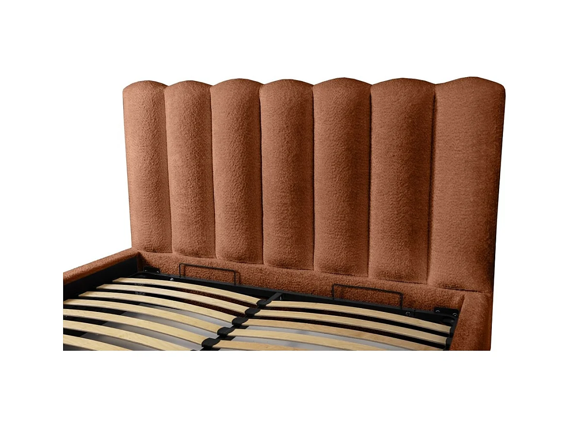 Cama con almacenaje BADJA – Tela bouclé Terracota – 180x200 cm – Somier elevable – Diseño de alta gama
