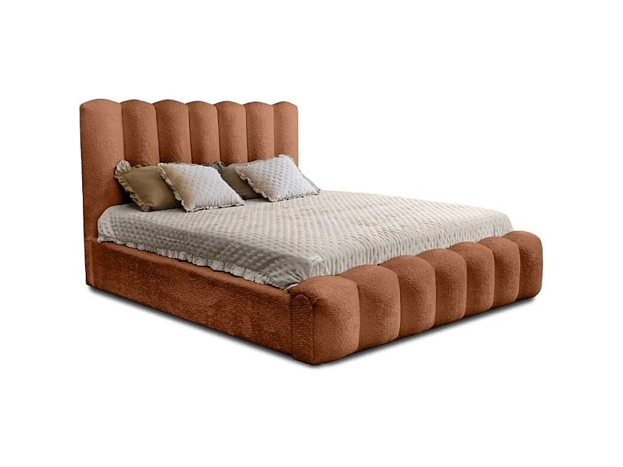 Cama con almacenaje BADJA – Tela bouclé Terracota – 180x200 cm – Somier elevable – Diseño de alta gama