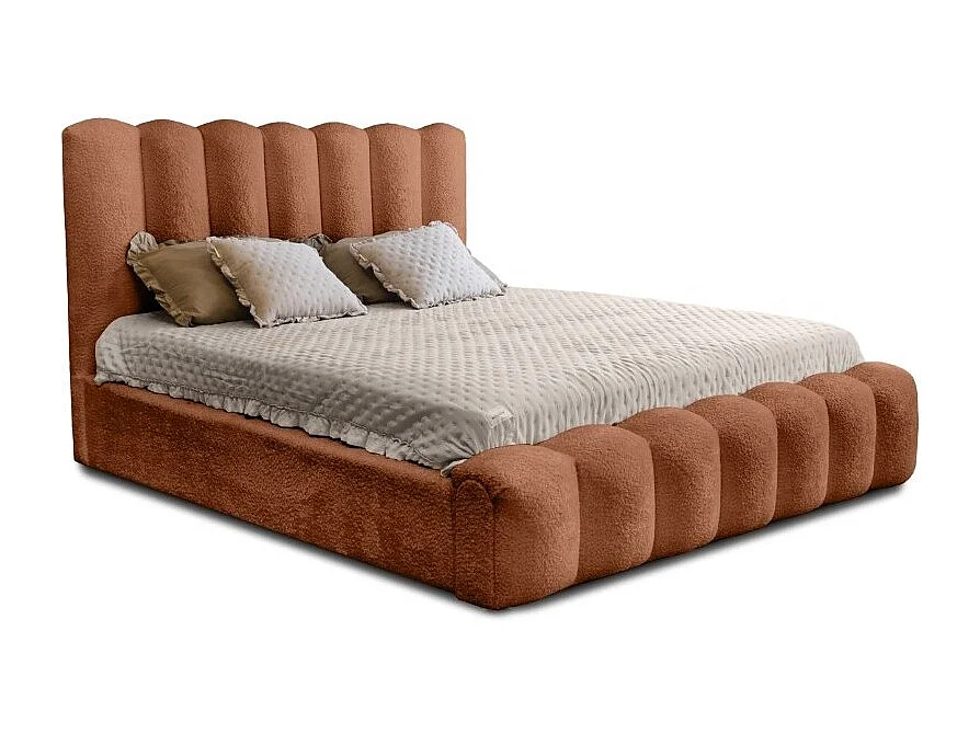 Cama con almacenaje BADJA – Tela bouclé Terracota – 180x200 cm – Somier elevable – Diseño de alta gama