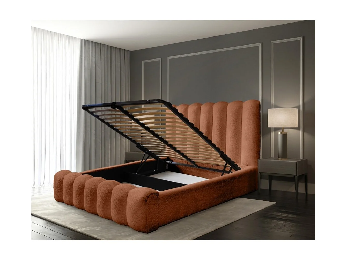 Cama con almacenaje BADJA – Tela bouclé Terracota – 180x200 cm – Somier elevable – Diseño de alta gama
