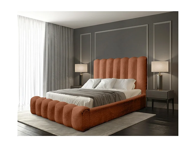 Cama con almacenaje BADJA – Tela bouclé Terracota – 180x200 cm – Somier elevable – Diseño de alta gama