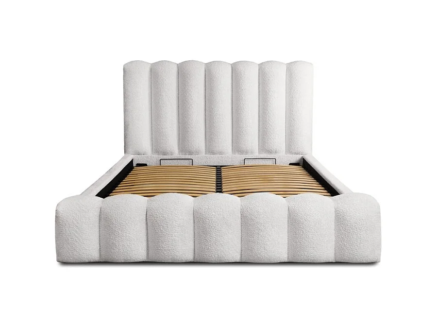 Cama baú BADJA – Tecido bouclé Pérola de linho – 160x200 cm – Estrado elevatório – Design de alta qualidade