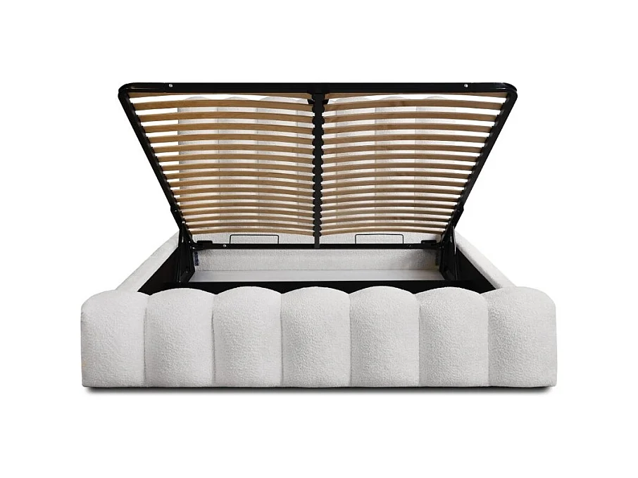Cama baú BADJA – Tecido bouclé Pérola de linho – 160x200 cm – Estrado elevatório – Design de alta qualidade