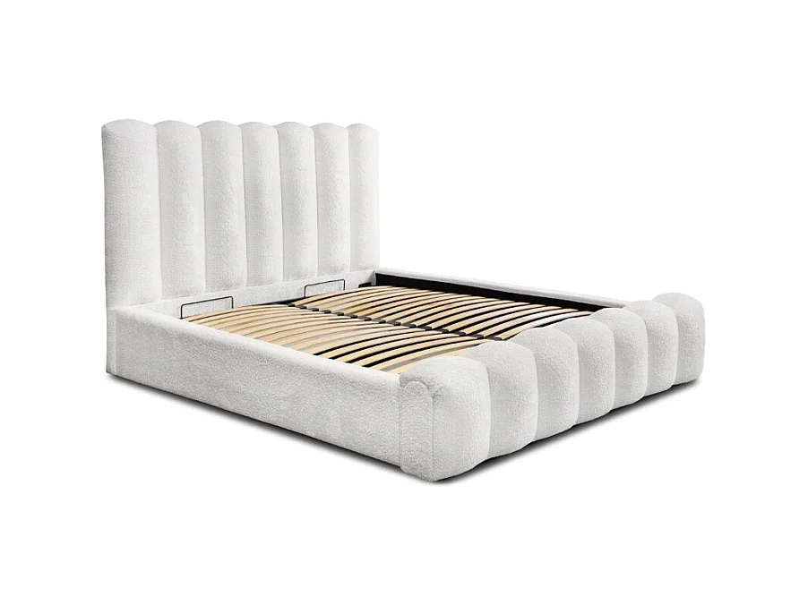 Cama baú BADJA – Tecido bouclé Pérola de linho – 160x200 cm – Estrado elevatório – Design de alta qualidade