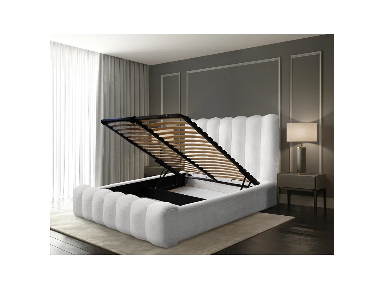 Cama baú BADJA – Tecido bouclé Pérola de linho – 160x200 cm – Estrado elevatório – Design de alta qualidade