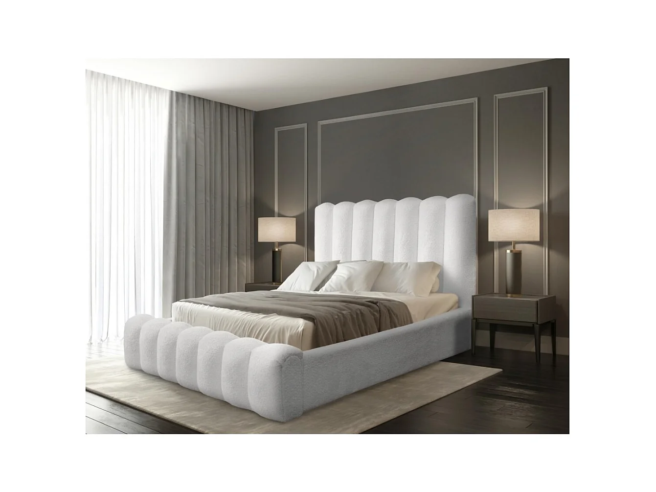 Lit coffre BADJA – Tissu bouclé Perle de lin – 160x200 cm – Sommier relevable – Design haut de gamme