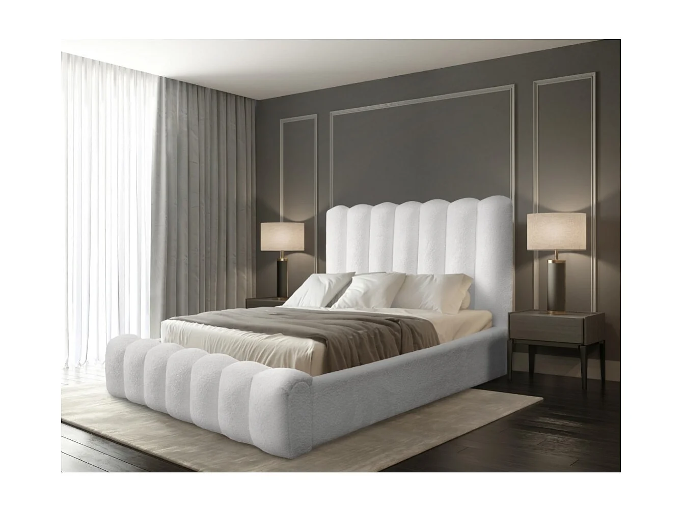 Cama con canapé BADJA – Tela de bucle Perla de lino – 160x200 cm – Somier elevable – Diseño de alta gama
