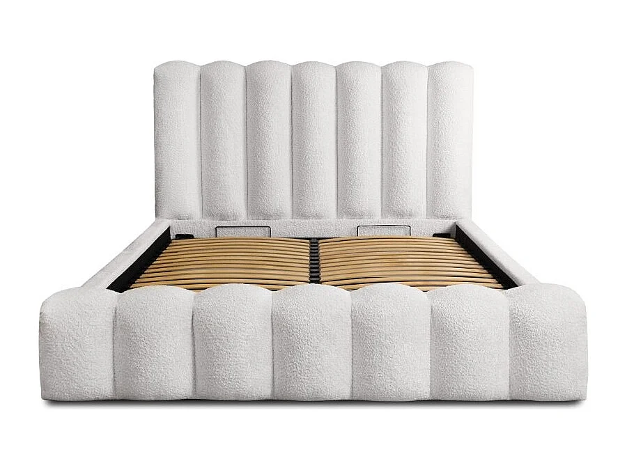 Cama con canapé BADJA – Tela de bucle Perla de lino – 160x200 cm – Somier elevable – Diseño de alta gama