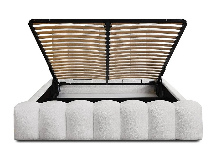 Cama con canapé BADJA – Tela de bucle Perla de lino – 160x200 cm – Somier elevable – Diseño de alta gama