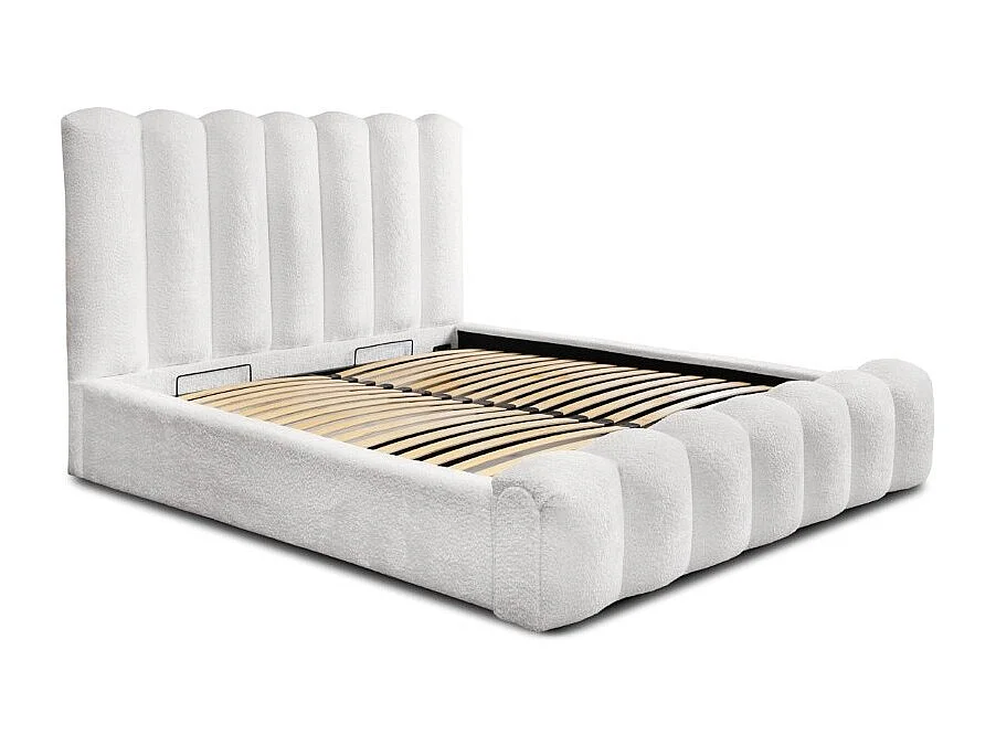 Cama con canapé BADJA – Tela de bucle Perla de lino – 160x200 cm – Somier elevable – Diseño de alta gama
