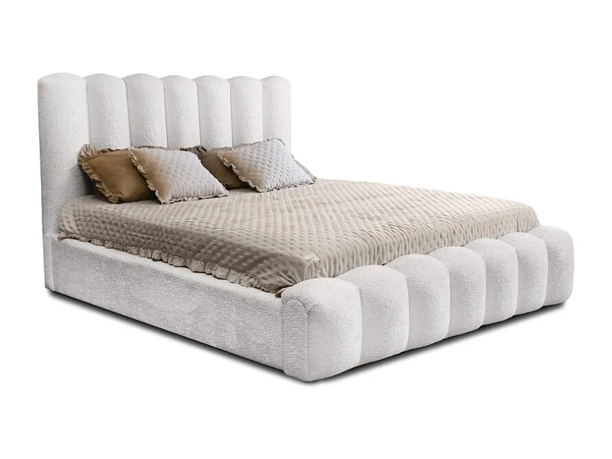 Cama con canapé BADJA – Tela de bucle Perla de lino – 160x200 cm – Somier elevable – Diseño de alta gama