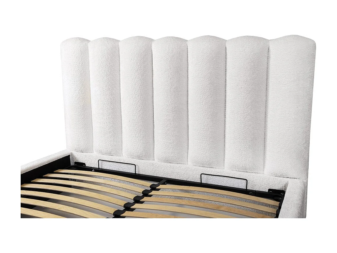 Cama con canapé BADJA – Tela de bucle Perla de lino – 160x200 cm – Somier elevable – Diseño de alta gama