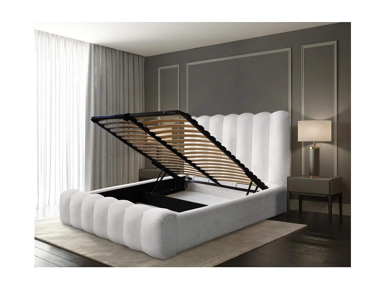 Cama con canapé BADJA – Tela de bucle Perla de lino – 160x200 cm – Somier elevable – Diseño de alta gama