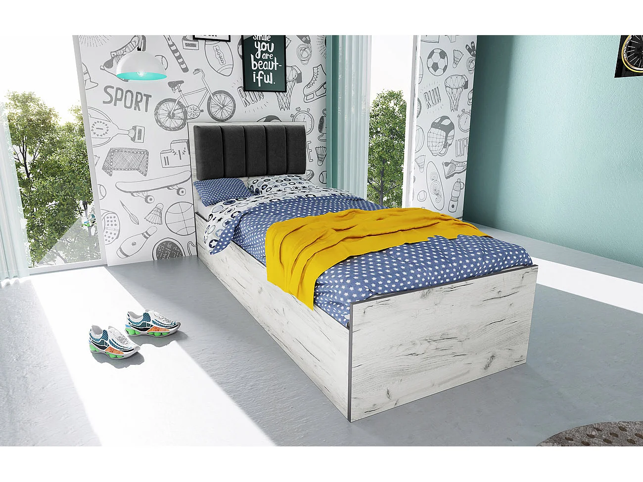 Letto singolo contenitore con testiera imbottita 90x200 bianco legno e nero LI34