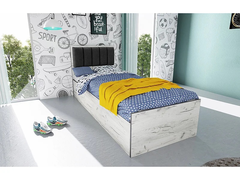 Letto singolo contenitore con testiera imbottita 90x200 bianco legno e nero LI34