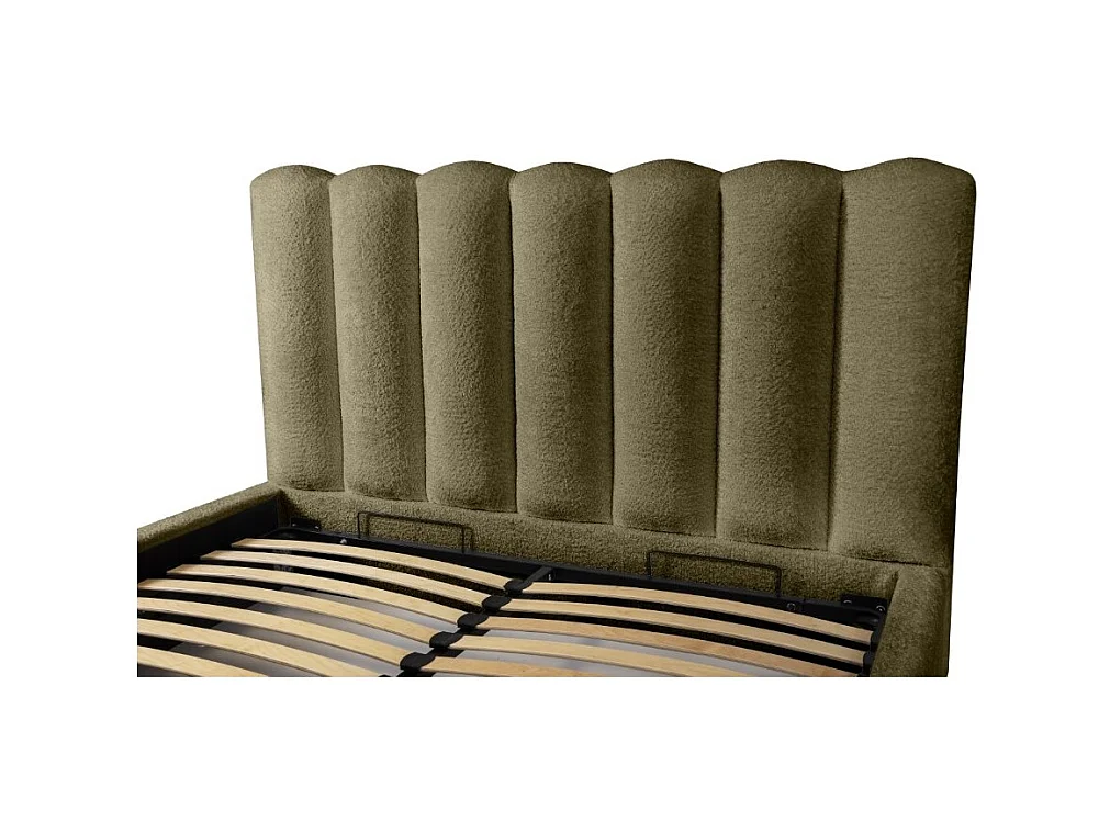 Cama Baú BADJA – Tecido Bouclé Sálvia Seca – 160x200 cm – Estrado Elevatório – Design de Alto Padrão
