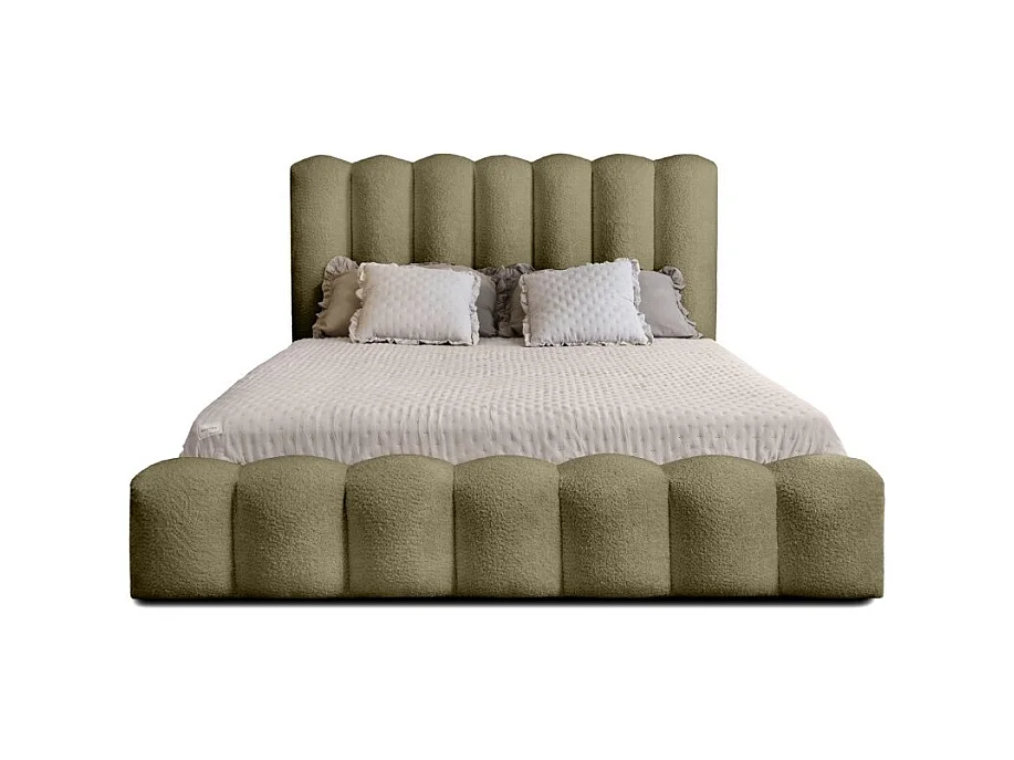 Cama Baú BADJA – Tecido Bouclé Sálvia Seca – 160x200 cm – Estrado Elevatório – Design de Alto Padrão