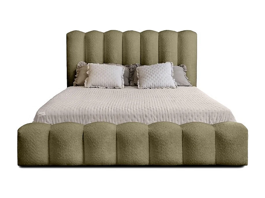 Cama canapé BADJA – Tela bouclé Salvia seca – 160x200 cm – Somier elevable – Diseño de alta gama