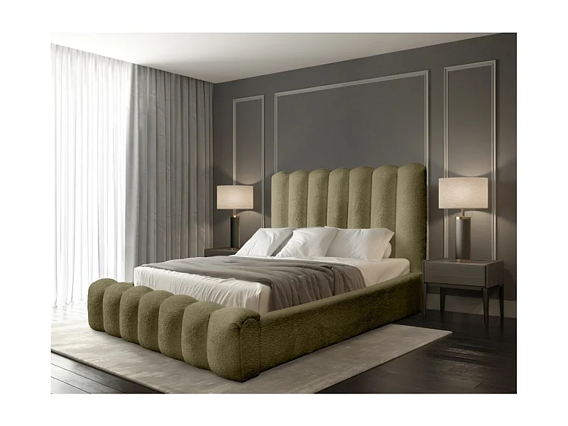Cama canapé BADJA – Tela bouclé Salvia seca – 160x200 cm – Somier elevable – Diseño de alta gama