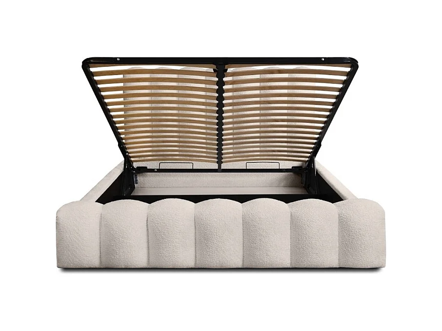 Cama baú BADJA – Tecido bouclé Marfim rosado – 160x200 cm – Estrado elevatório – Design de alta qualidade