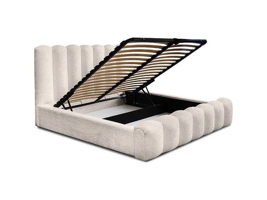 Cama baú BADJA – Tecido bouclé Marfim rosado – 160x200 cm – Estrado elevatório – Design de alta qualidade