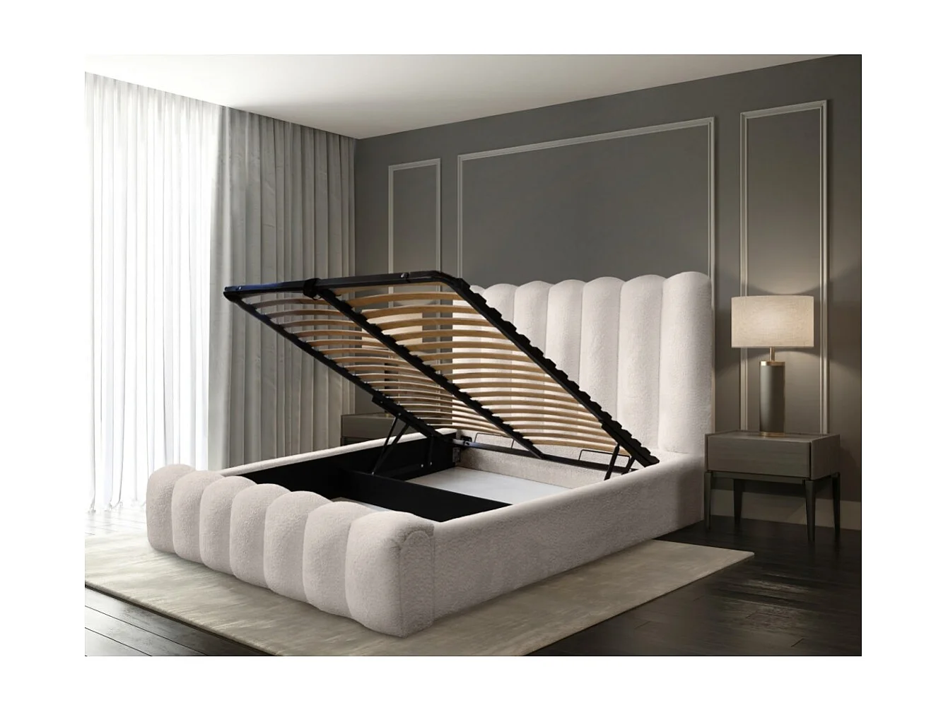 Cama baú BADJA – Tecido bouclé Marfim rosado – 160x200 cm – Estrado elevatório – Design de alta qualidade