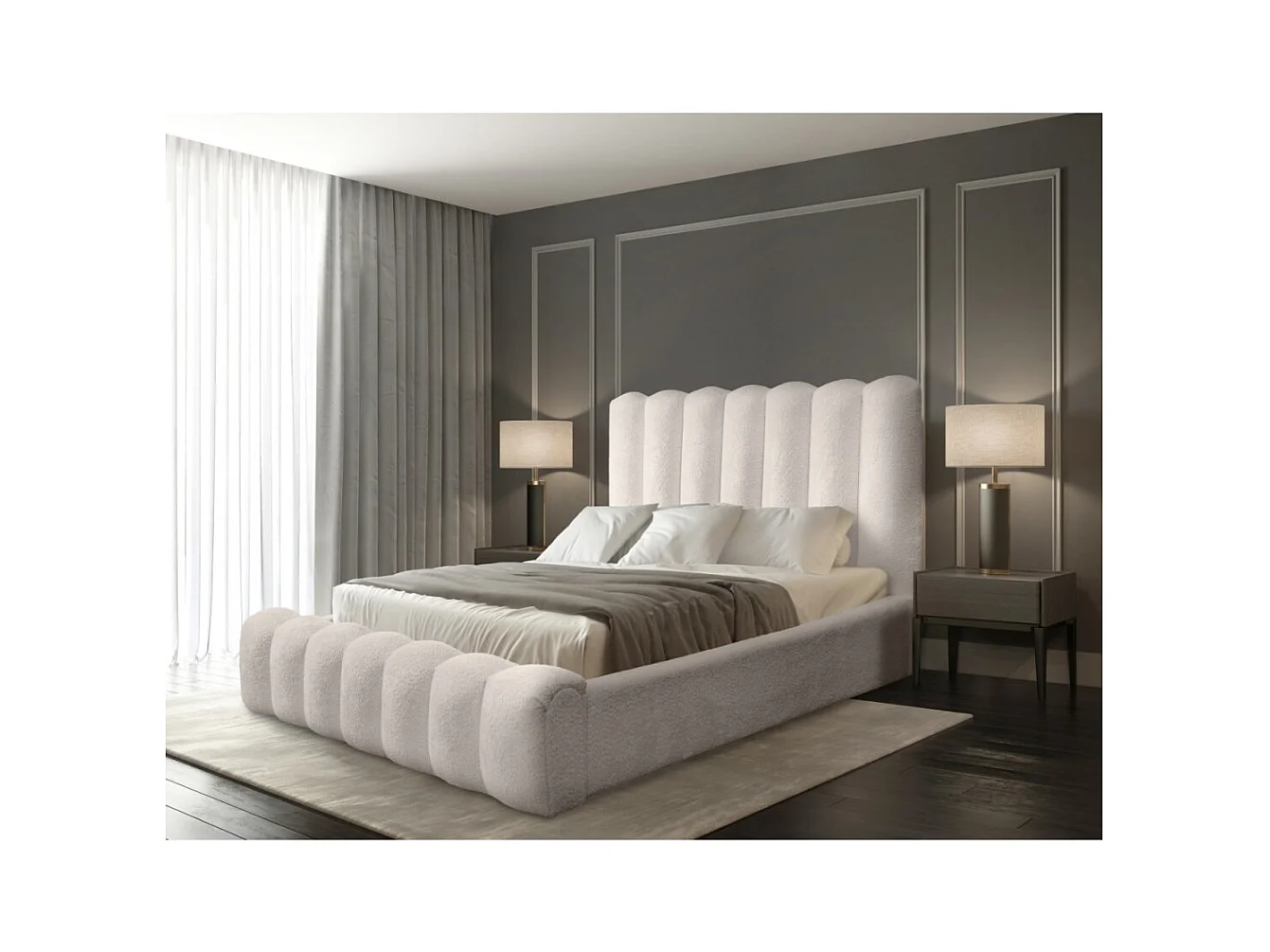 Lit coffre BADJA – Tissu bouclé Ivoire rosé – 160x200 cm – Sommier relevable – Design haut de gamme