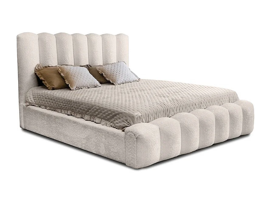 Cama con canapé BADJA – Tejido rizado Marfil rosado – 160x200 cm – Somier elevable – Diseño de alta gama