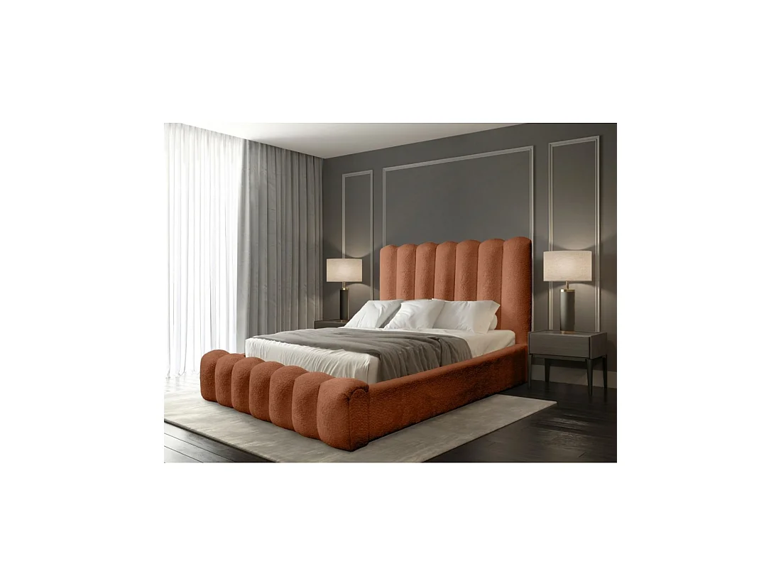 Lit coffre BADJA – Tissu bouclé Terracota – 140x200 cm – Sommier relevable – Design haut de gamme