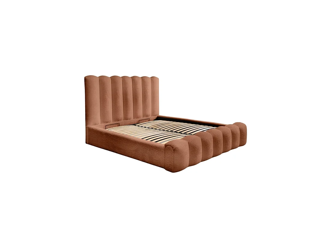 Lit coffre BADJA – Tissu bouclé Terracota – 140x200 cm – Sommier relevable – Design haut de gamme