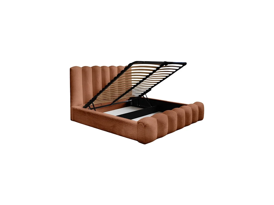 Lit coffre BADJA – Tissu bouclé Terracota – 140x200 cm – Sommier relevable – Design haut de gamme