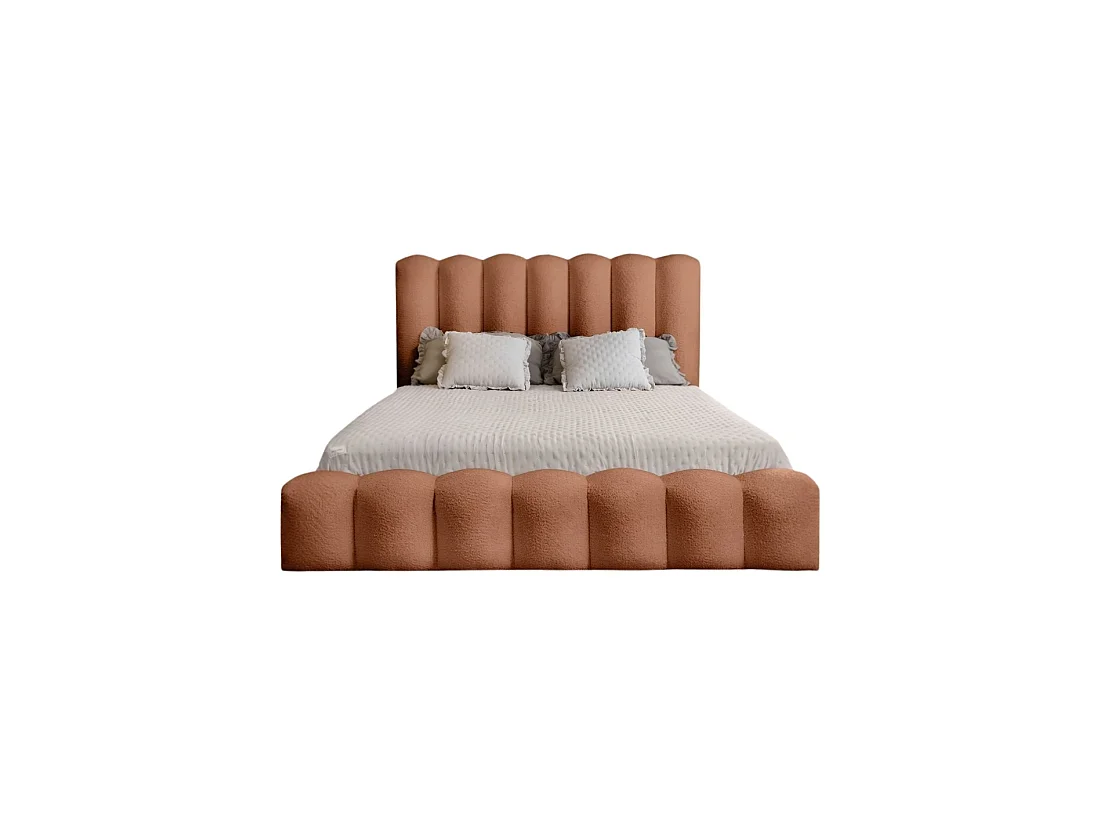 Lit coffre BADJA – Tissu bouclé Terracota – 140x200 cm – Sommier relevable – Design haut de gamme
