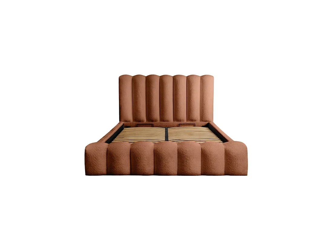 Lit coffre BADJA – Tissu bouclé Terracota – 140x200 cm – Sommier relevable – Design haut de gamme