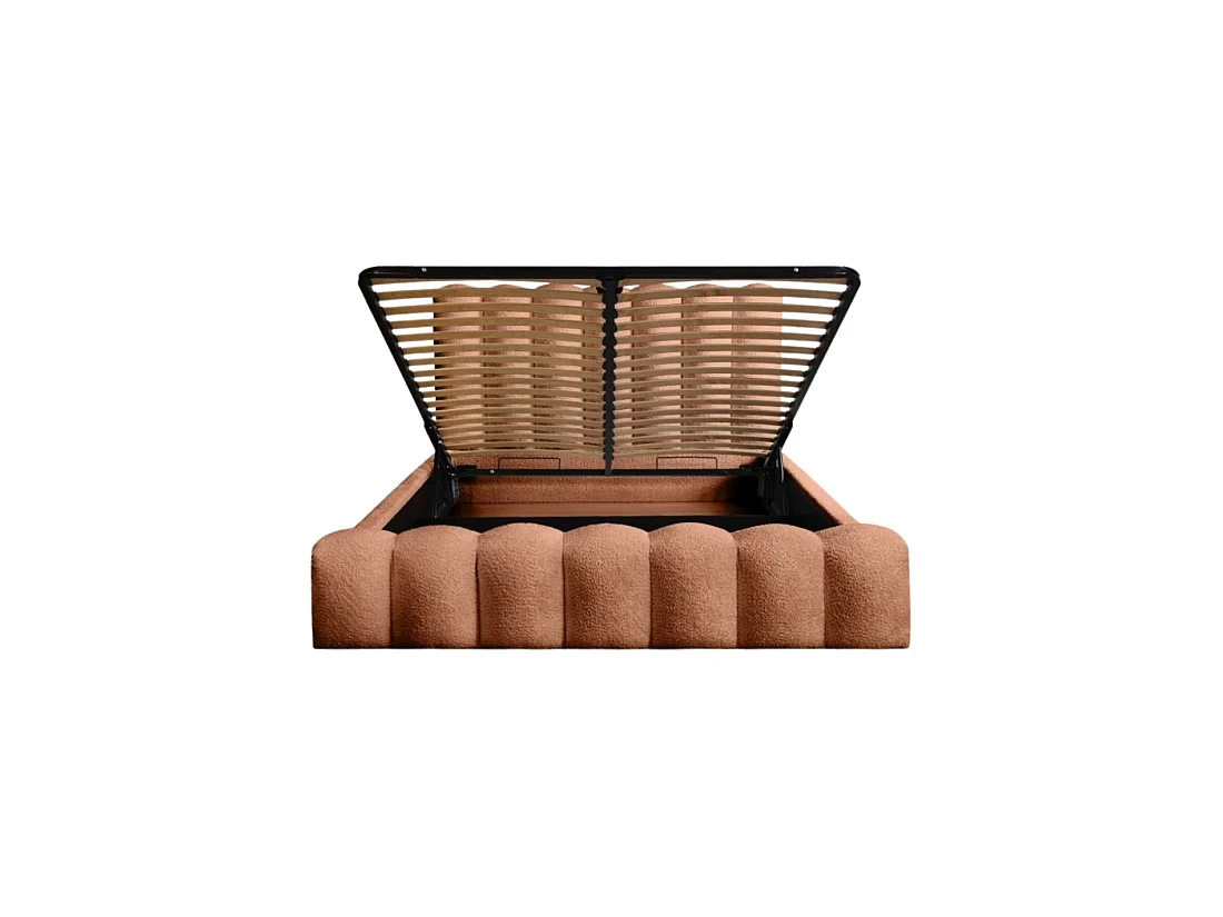 Lit coffre BADJA – Tissu bouclé Terracota – 140x200 cm – Sommier relevable – Design haut de gamme