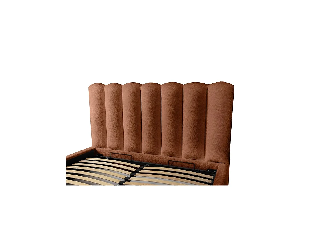 Lit coffre BADJA – Tissu bouclé Terracota – 140x200 cm – Sommier relevable – Design haut de gamme