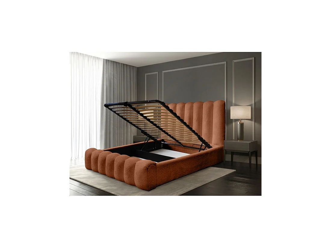 Lit coffre BADJA – Tissu bouclé Terracota – 140x200 cm – Sommier relevable – Design haut de gamme