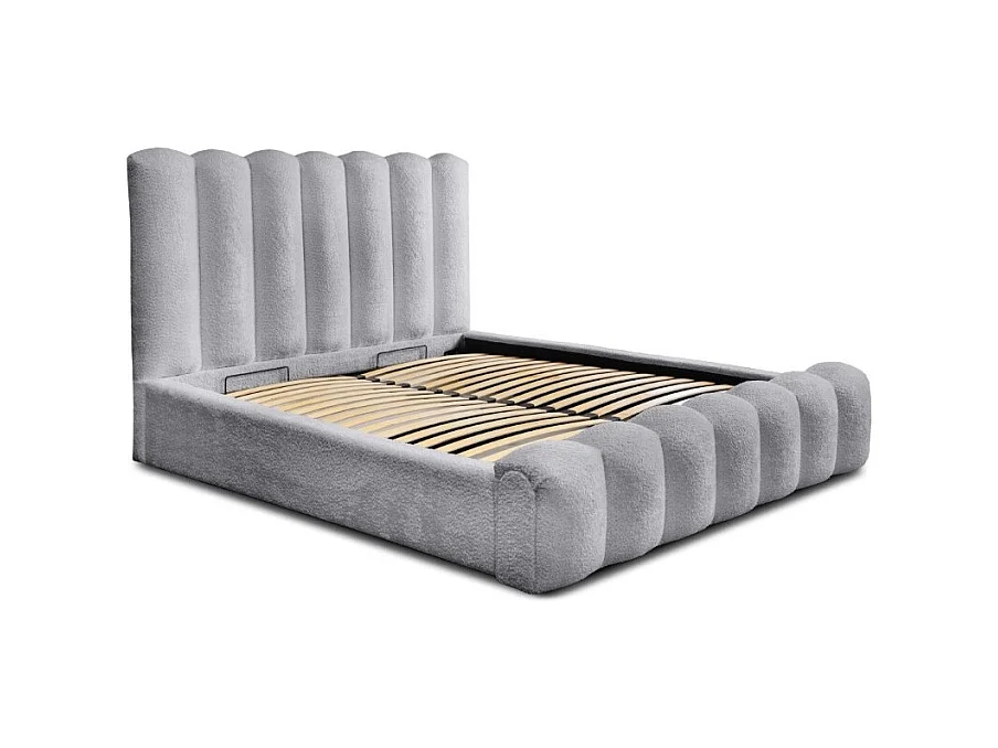 Cama baú BADJA – Tecido Bouclé Perla da Aurora – 160x200 cm – Estrado elevatório – Design de alta qualidade