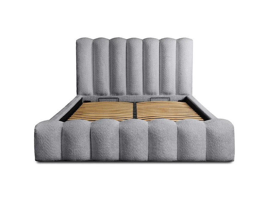 Cama baú BADJA – Tecido Bouclé Perla da Aurora – 160x200 cm – Estrado elevatório – Design de alta qualidade